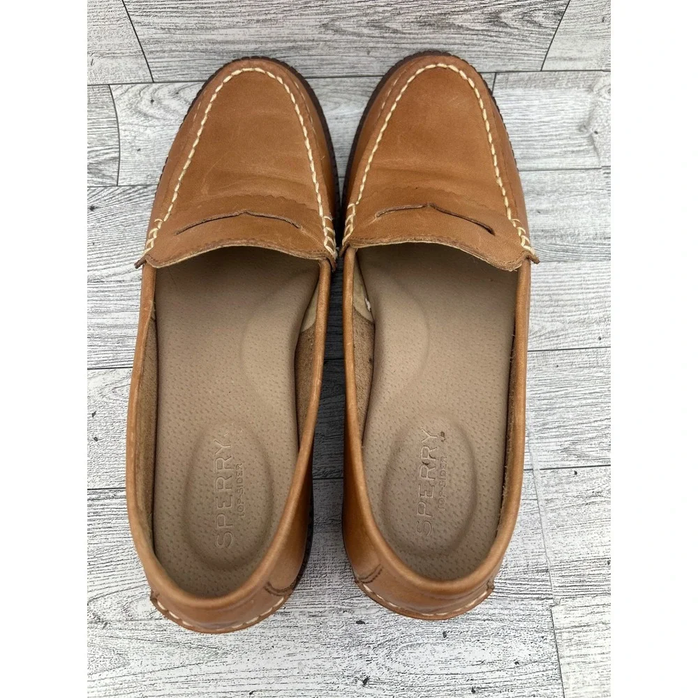 Sperry Seaport‎ Penny Loafers Women Size 7 Tan Leather Slip On Shoes STS82848